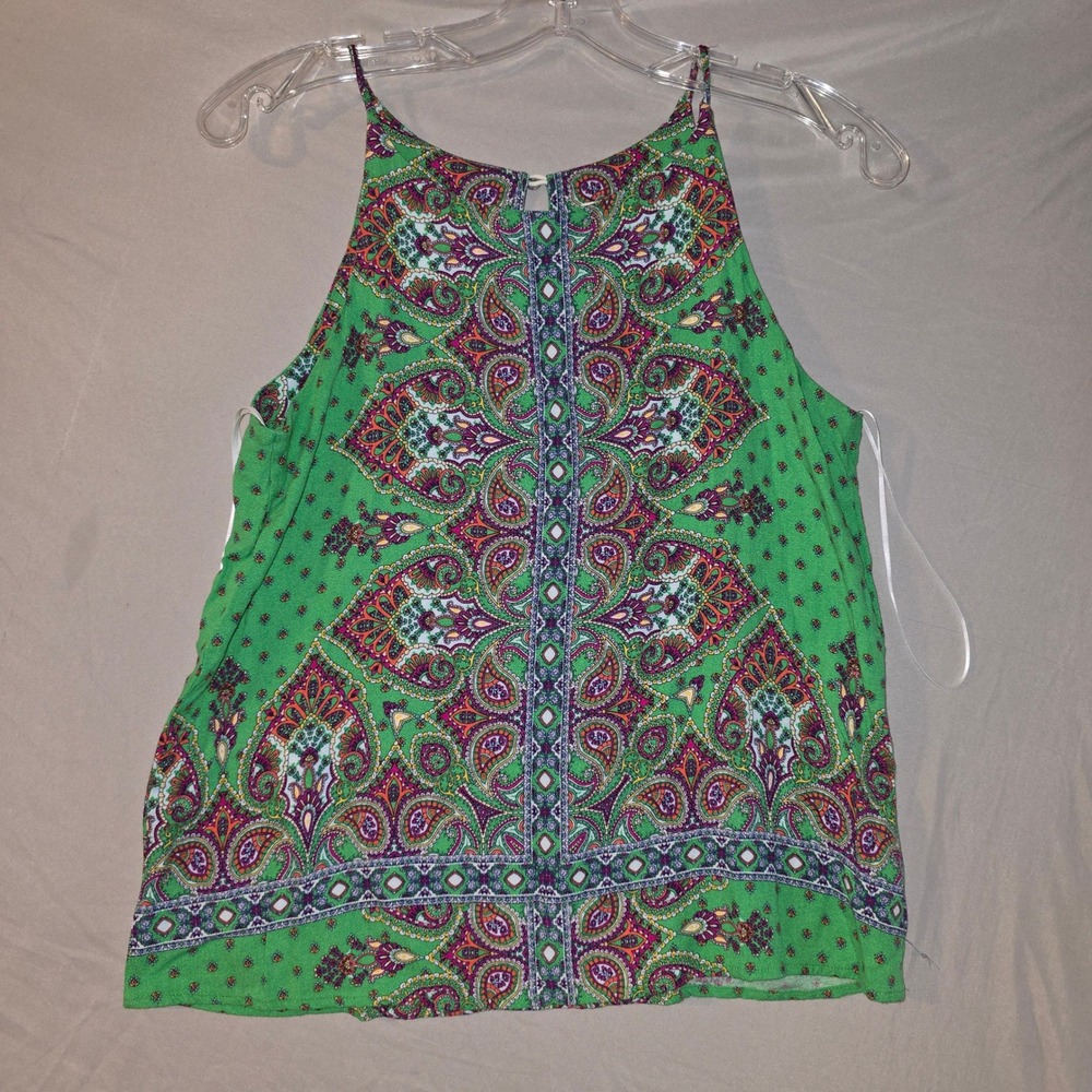 Renee C Paisley Tank Top Small Women Green Boho Halter Keyhole 2652TP